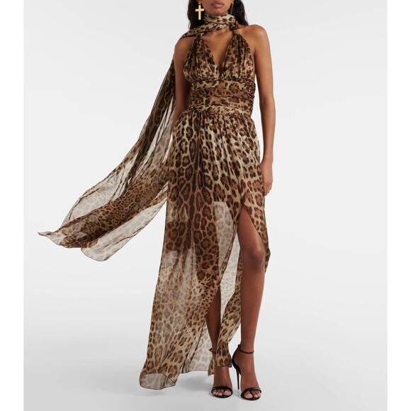 NWT Dolce & Gabbana Leopard print silk chiffon Long Maxi dress S 40 - Picture 1 of 13